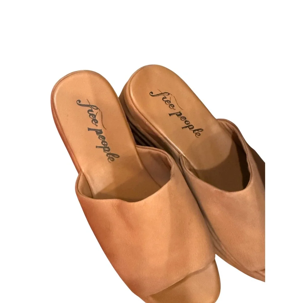 Free People Tan Leather Platform Slide Sandals Wedge Open Toe Womens 8